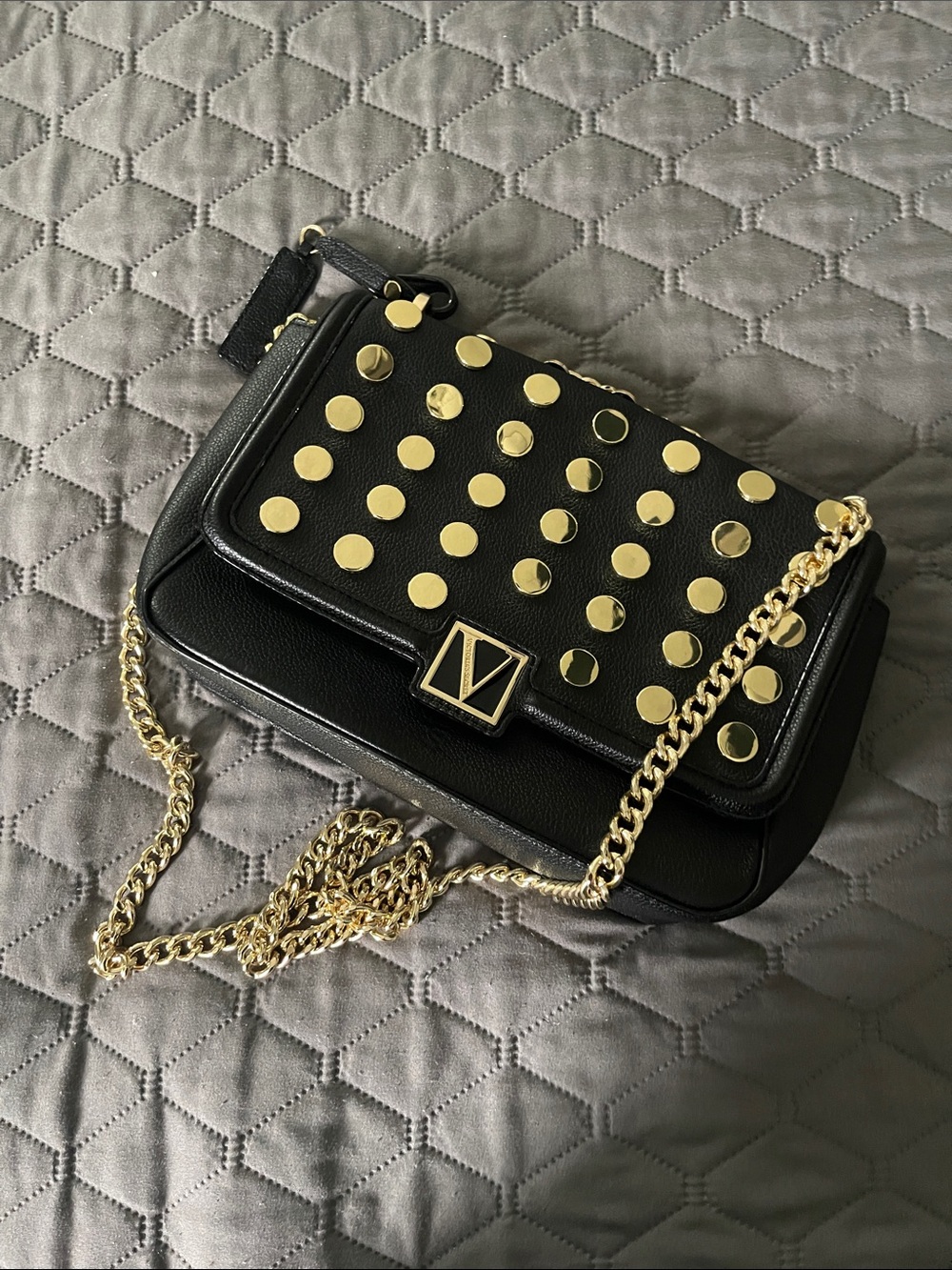 Victoria's Secret Black Crossbody with Gold Studs & Chain